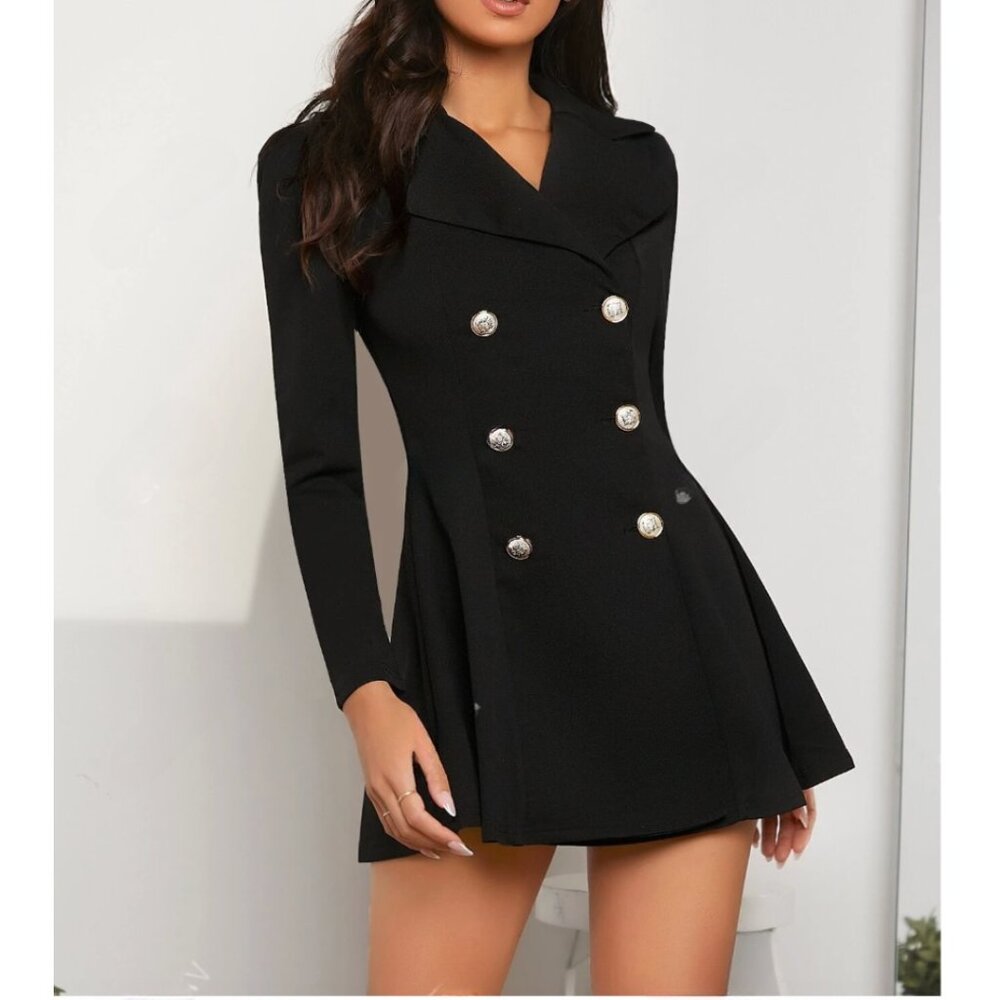 Lapel Collar Double Breasted Blazer Dress Black